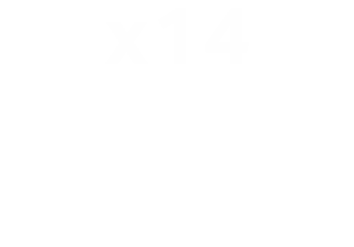 White icon showing eye and distance indicator with numbers x14